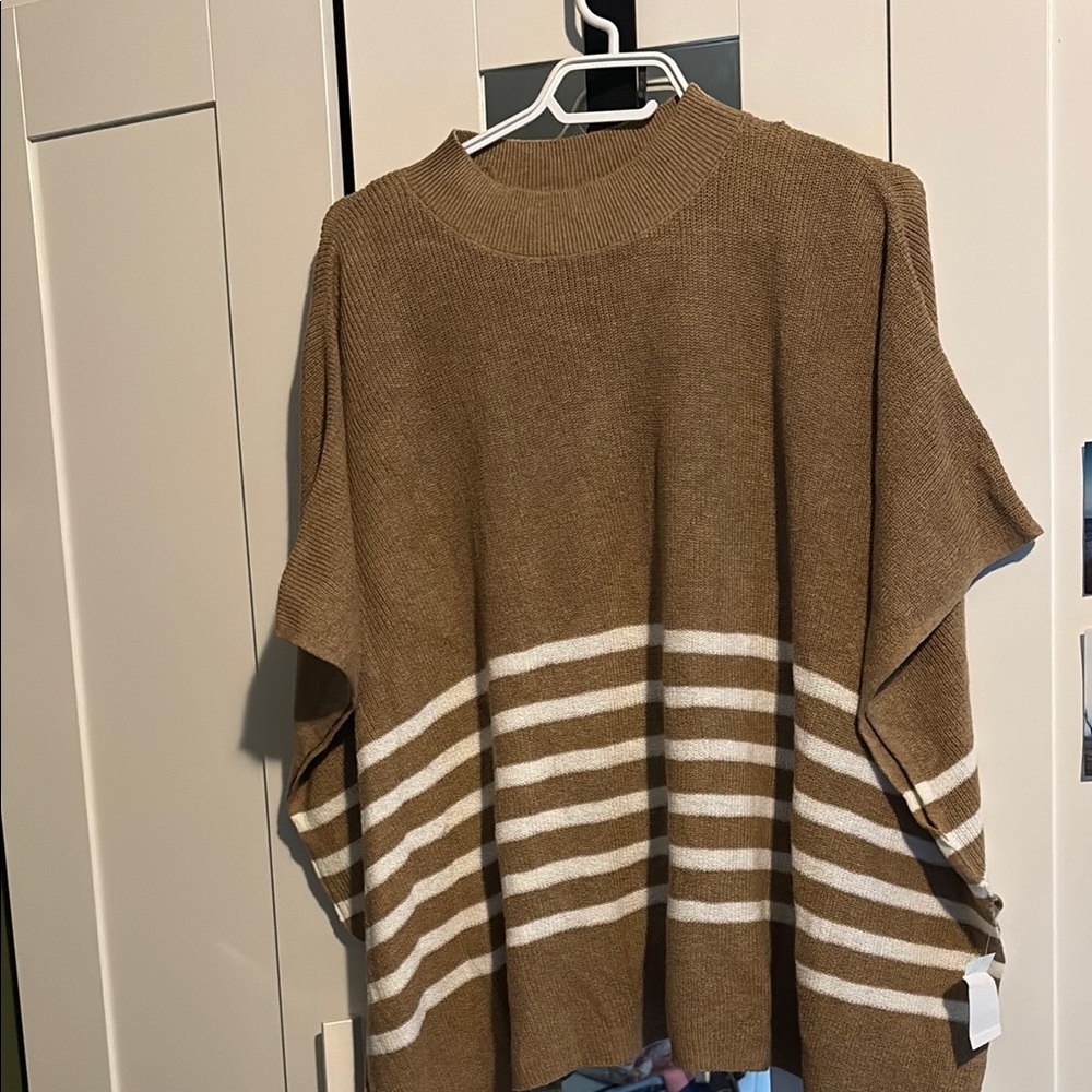 J Crew Brown and White Striped Women's Poncho Sweater o/s